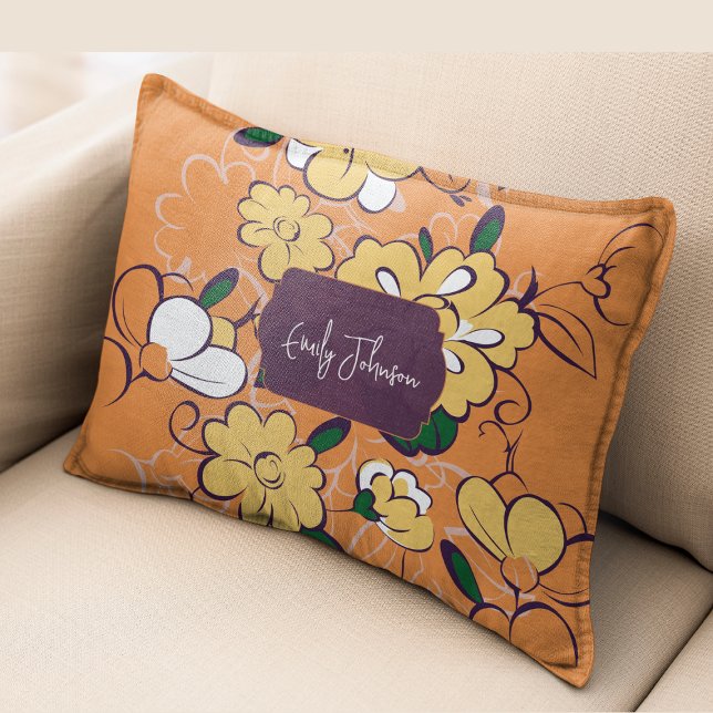 Coussins Décoratifs Retro Floral Daisy Orange Autumn Custom Name (Retro Floral Daisy Orange Autumn Custom Name Accent Pillow)