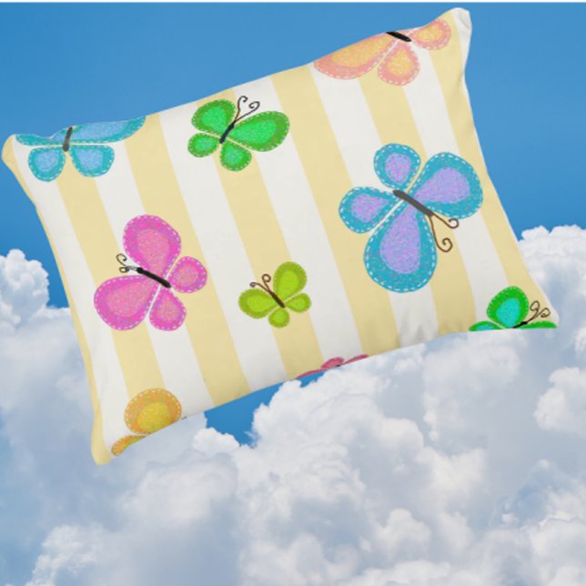 Coussins Décoratifs Rêves de papillon rayure jaune blanc (Sunny yellow stripes and colorful butterflies)