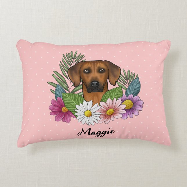 Coussins Décoratifs Rhodesian Ridgeback Tête de chien été Flores rose (Devant)