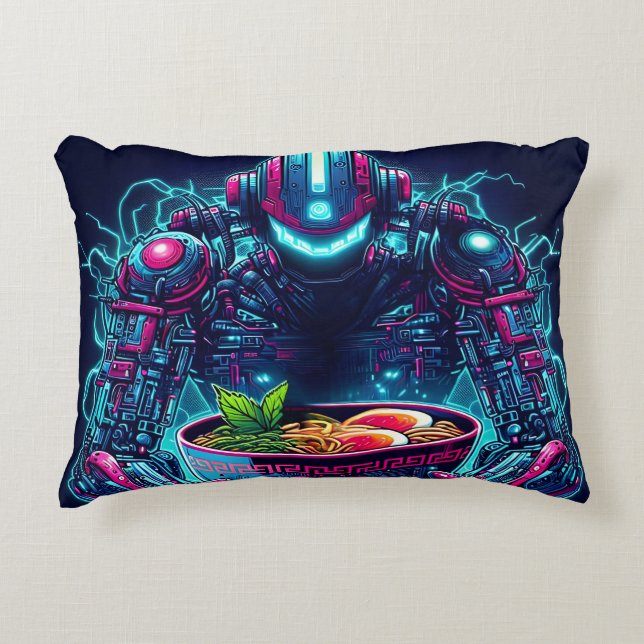 Coussins Décoratifs Robot Cyberpunk Futuriste Neon Nourriture Ramen (Devant)