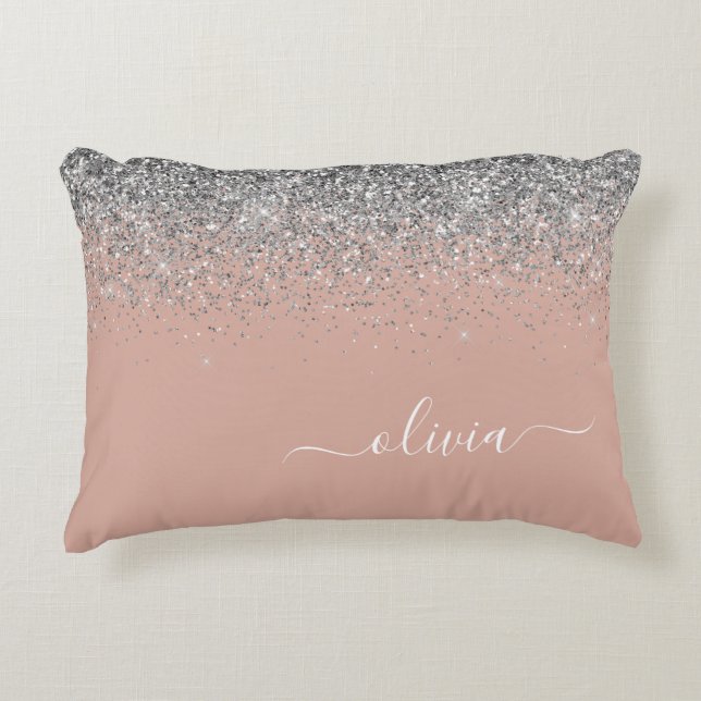 Coussins Décoratifs Rose Gold Rose Pâle Argent Paillettes Monogramme (Devant)