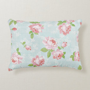 Coussins Décoratifs Roses roses sur Coton Bleu Pays Vintage