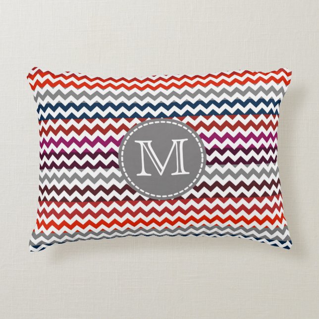 Coussins Décoratifs Rouge blanc gris Chevron Zigzag Monogramme (Devant)