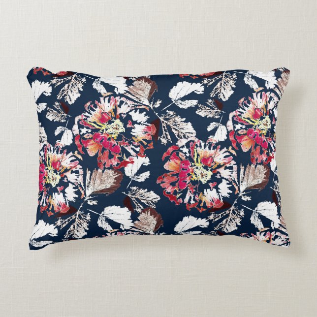 Coussins Décoratifs Rouge, fleurs blanches sur bleu. (Devant)