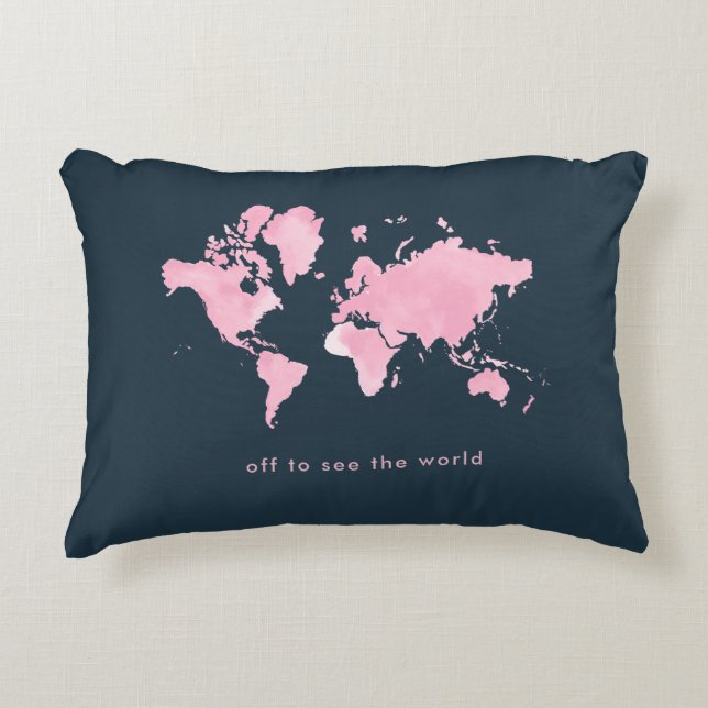 Coussins Décoratifs Rougissent la carte rose du monde d'aquarelle sur (Devant)