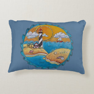 Coussins Décoratifs Scène de plage de phare fantaisiste, art folkloriq