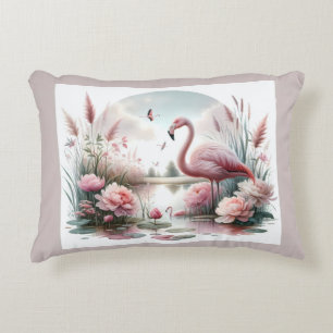 Coussins Décoratifs Scène florale de flamant rose dans un étang pastel