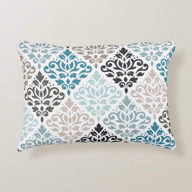 Coussins Décoratifs Scroll Damask Lg Motif Art Teals Browns White (Devant)