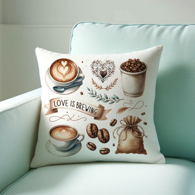 Coussins Décoratifs sur le Thème de Café (Love is brewing coffee lover bridal shower decor or gift with illustrated coffee-house art)