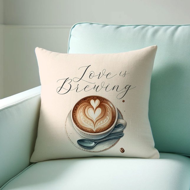Coussins décoratifs sur le thème des amoureux de c (love is brewing throw pillow with a watercolor latte and heart shaped foam. )