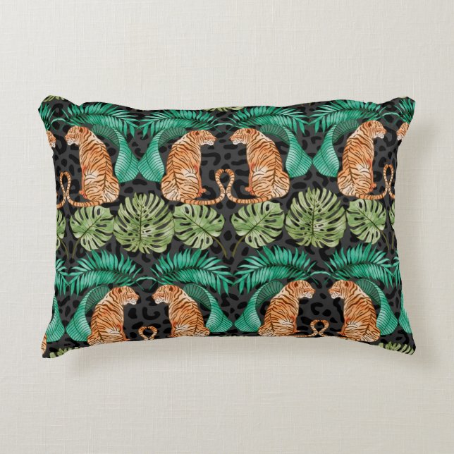 Coussins Décoratifs Tigre et Feuilles en Aquarelle Motif sans couture (Devant)