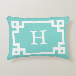 Coussins Décoratifs Turquoise Blanc Cadre Clé Grecque #2 Monogramme In