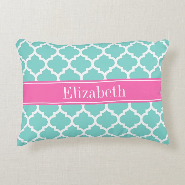 Coussins Décoratifs Turquoise Blanc Marocain #5 Rose Chaud 2 Nom Monog (Devant)