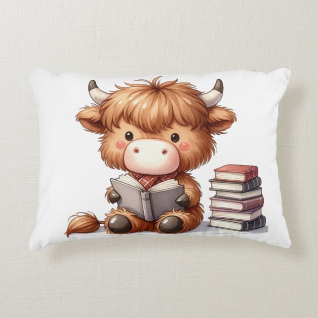 Coussins Décoratifs Vache des Highlands lisant des livres (Devant)