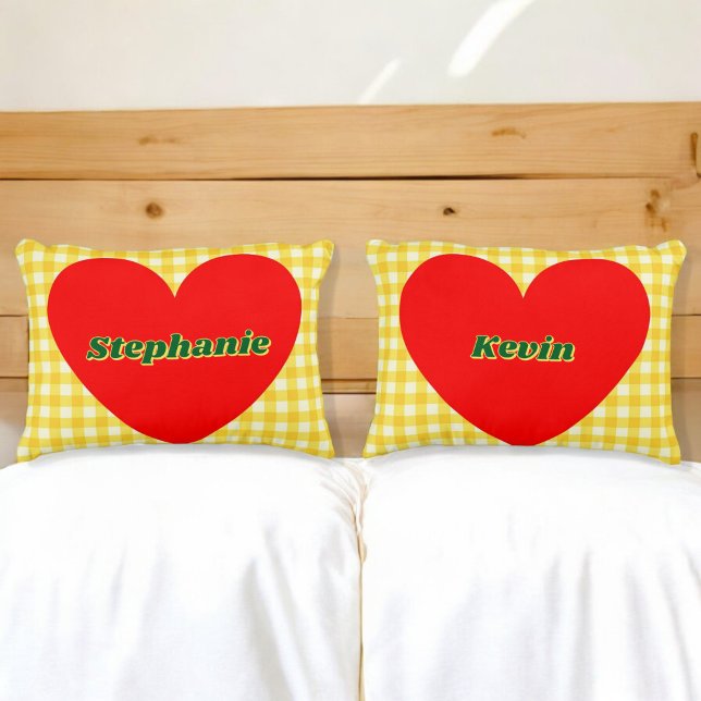 Coussins Décoratifs Valentine Red Heart Jaune En vichy Couple Cadeau (Créateur téléchargé)
