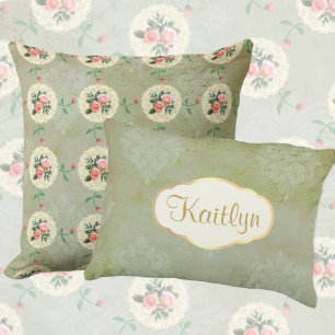 Coussins Décoratifs Vintage look personnalisé Faded Green Damask