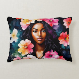 Coussins Décoratifs Watercolor Black Woman Multicolor Floral Art