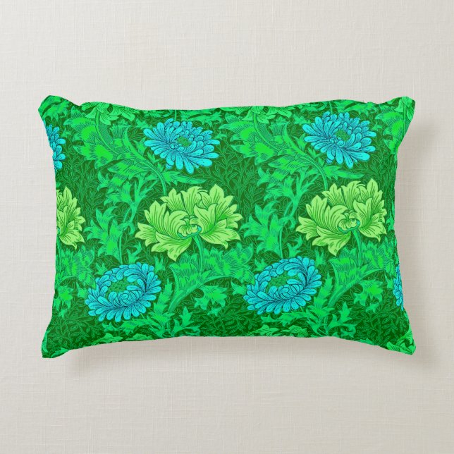 Coussins Décoratifs William Morris Chrysanthemums, Lime Green & Aqua (Devant)