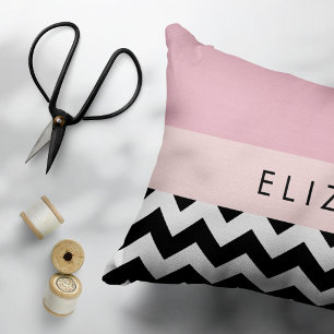 Coussins Décoratifs Zigzag noir et blanc, Chevron, rose, Votre nom