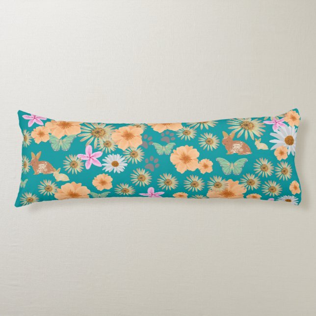 Coussins Longs Adorable lapins à fleurs motifs bleus (Devant)
