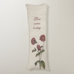 Coussins Longs Aimez floral vintage, beige avec texte romantique 