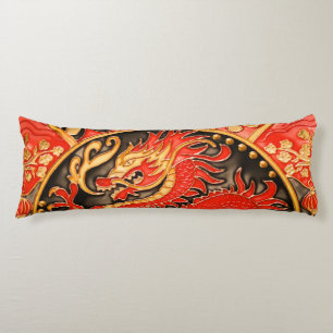 Coussins Longs Ancien Dragon chinois traditionnel Rouge Or Or