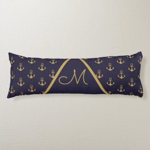 Coussins Longs Ancre marine Monogramme bleu or