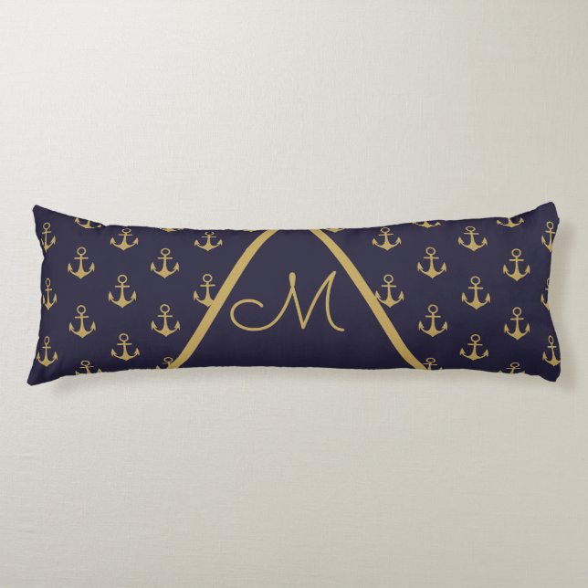Coussins Longs Ancre marine Monogramme bleu or (Devant)