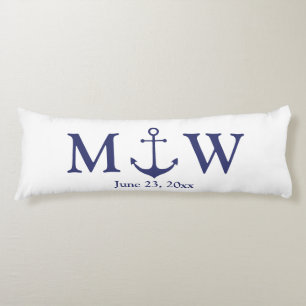 Coussins Longs ancre nautique mariage marine bleu blanc monogramm