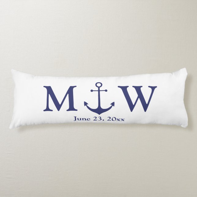 Coussins Longs ancre nautique mariage marine bleu blanc monogramm (Devant)