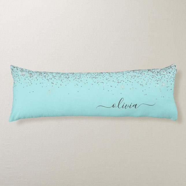 Coussins Longs Aqua Blue - Turquoise Parties scintillant argent M (Devant)