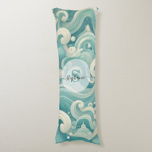 Coussins Longs Aqua Blue & White Wave Abstraite - Art moderne Flu (Devant (Vertical))