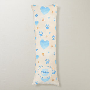 Coussins Longs Aquarelle Bleu Coeurs et Empreintes de pattes Moti