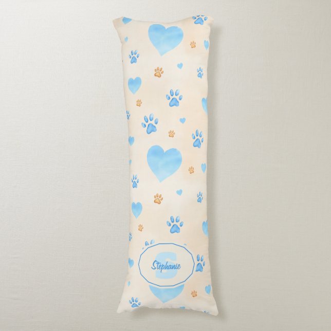 Coussins Longs Aquarelle Bleu Coeurs et Empreintes de pattes Moti (Devant (Vertical))
