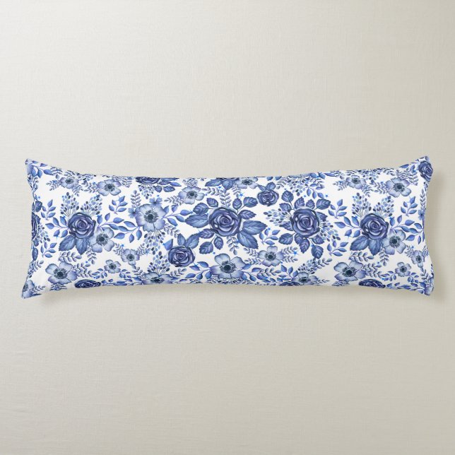 Coussins Longs Aquarelle bleu motif floral (Devant)