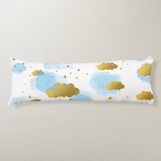 Coussins Longs Aquarelle bleue Nuages Gold Stars Sky (Devant)