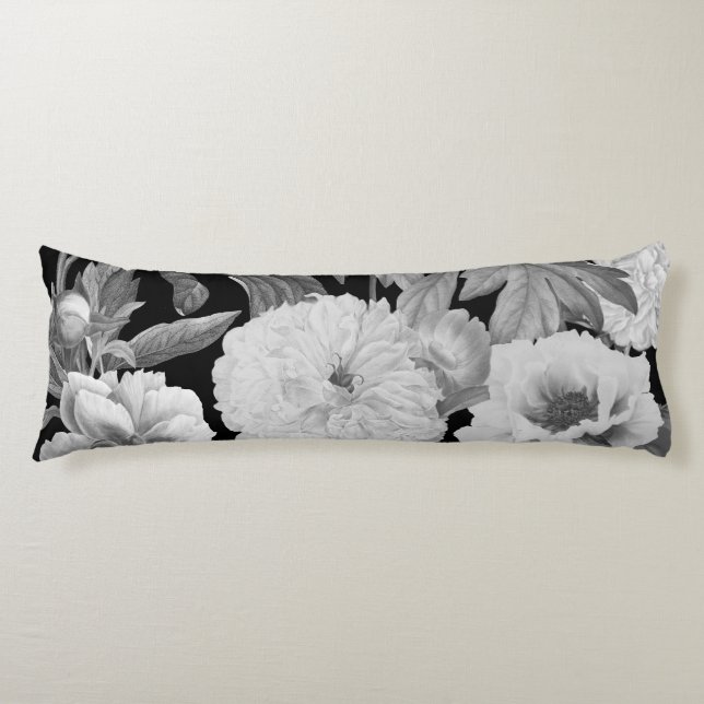 Coussins Longs Aquarelle florale Black & White Peonies (Devant)