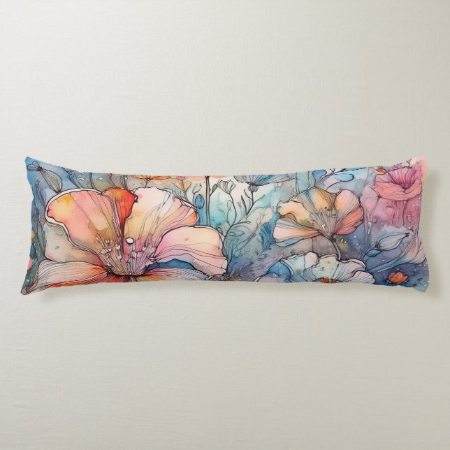 Coussins Longs Aquarelle Motif de fleurs (Devant)