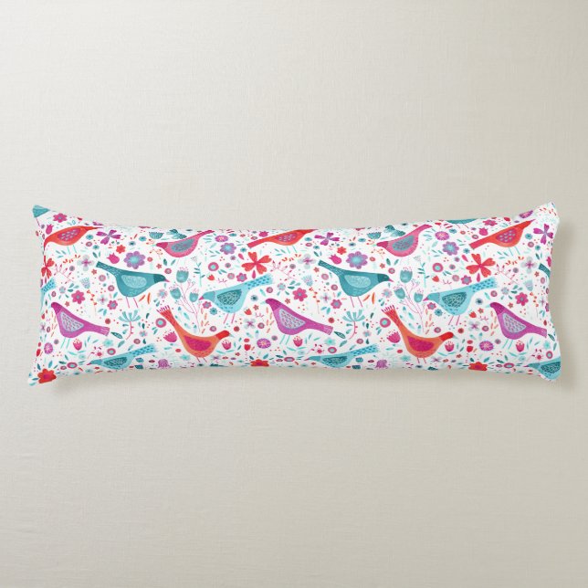 Coussins Longs Aquarelle Oiseaux dans un jardin Floral Turquoise  (Devant)