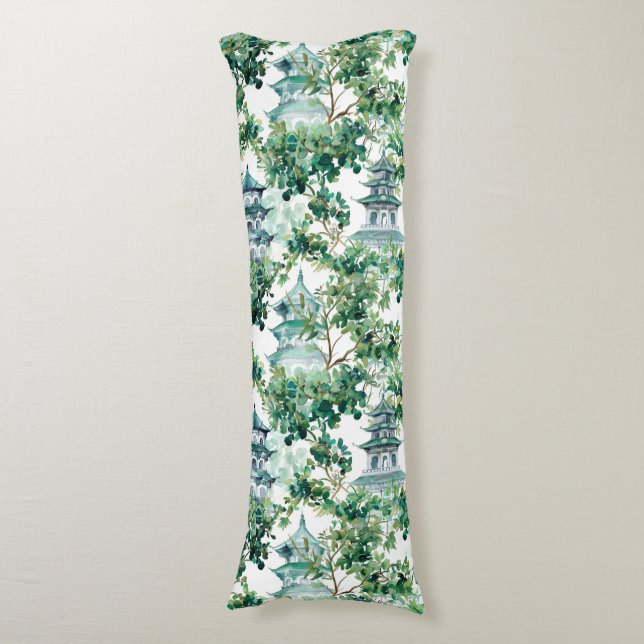 Coussins Longs Aquarelle Pagode asiatique dans paysage verdoyant  (Devant (Vertical))