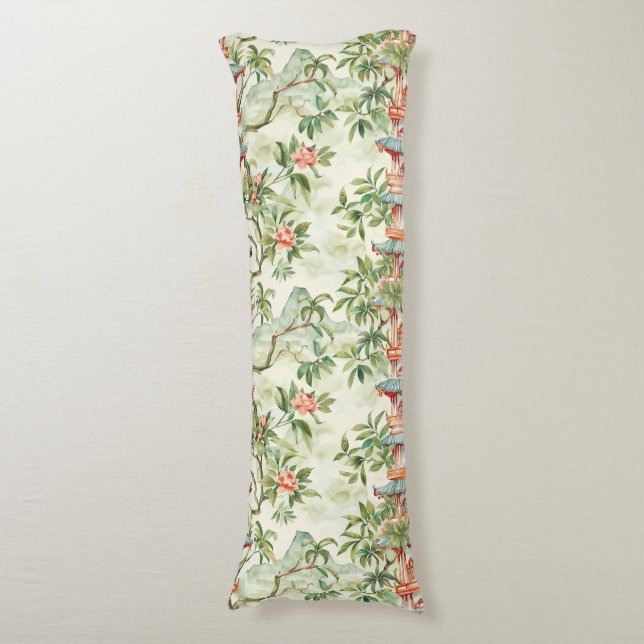 Coussins Longs Aquarelle Pagode asiatique dans paysage verdoyant  (Devant (Vertical))