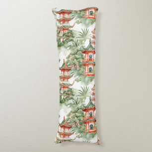 Coussins Longs Aquarelle Pagode asiatique dans paysage verdoyant