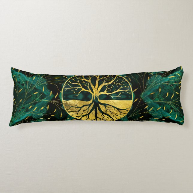Coussins Longs Arbre de la vie d'or Yggdrasil sur la malachite (Devant)