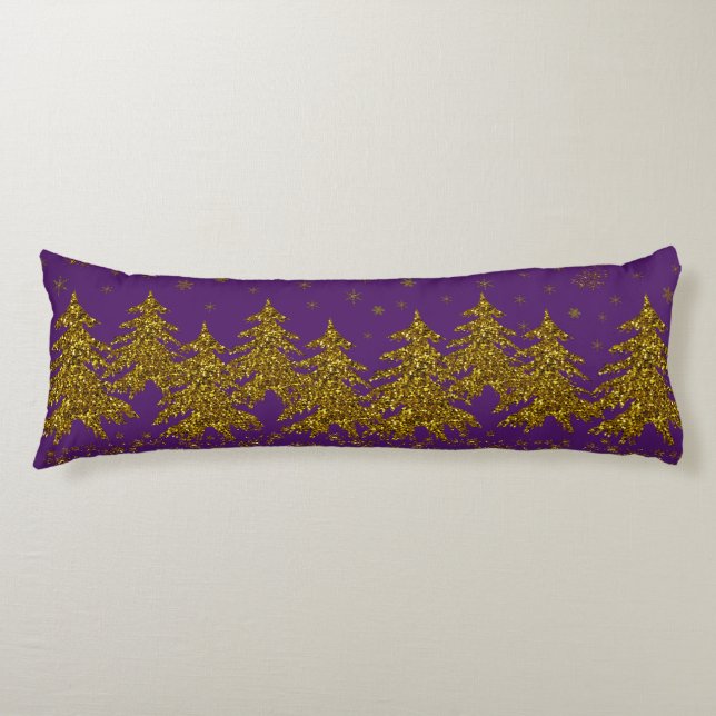 Coussins Longs Arbre de Noël en or brillant, étoiles, neige sur v (Devant)