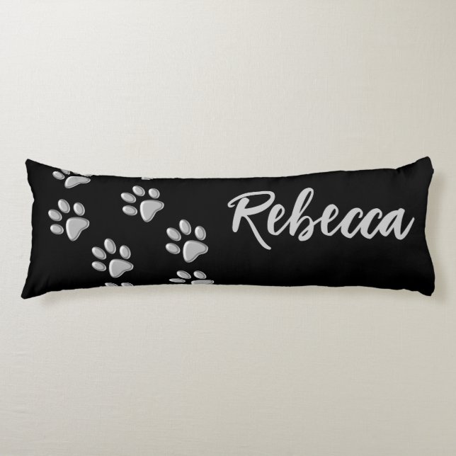 Coussins Longs Arrière - plan noir Silver Dog Paws Motif d'impres (Devant)