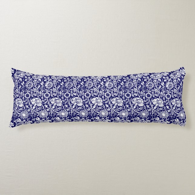 Coussins Longs Art Nouveau Carnation Damask, Navy et Blanc (Devant)