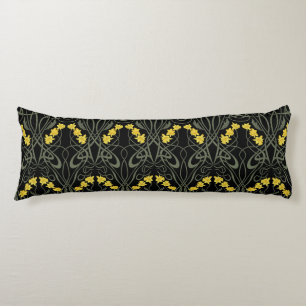 Coussins Longs Art Nouveau Jaunes Jonquilles et Tiges Noir