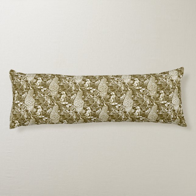 Coussins Longs Art Nouveau Peacock Imprimer, Brown et crème (Dos)