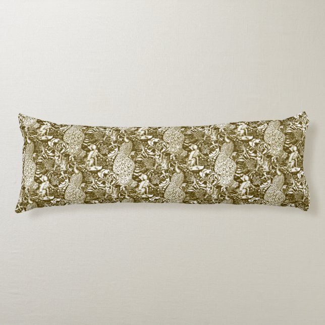 Coussins Longs Art Nouveau Peacock Imprimer, Brown et crème (Devant)