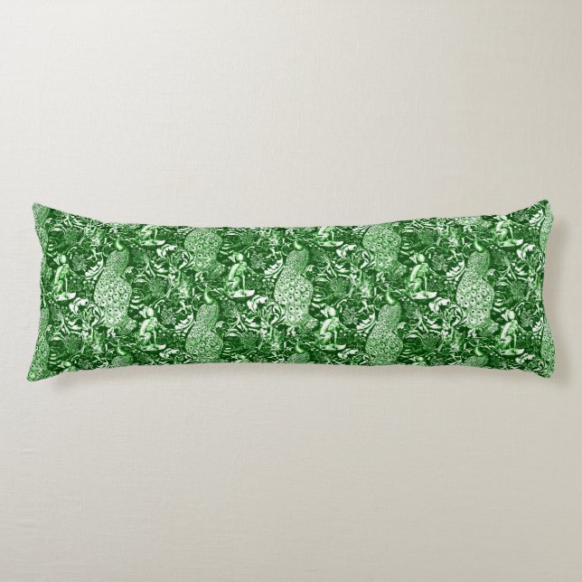 Coussins Longs Art Nouveau Peacock Imprimer, Vert Forêt (Devant)